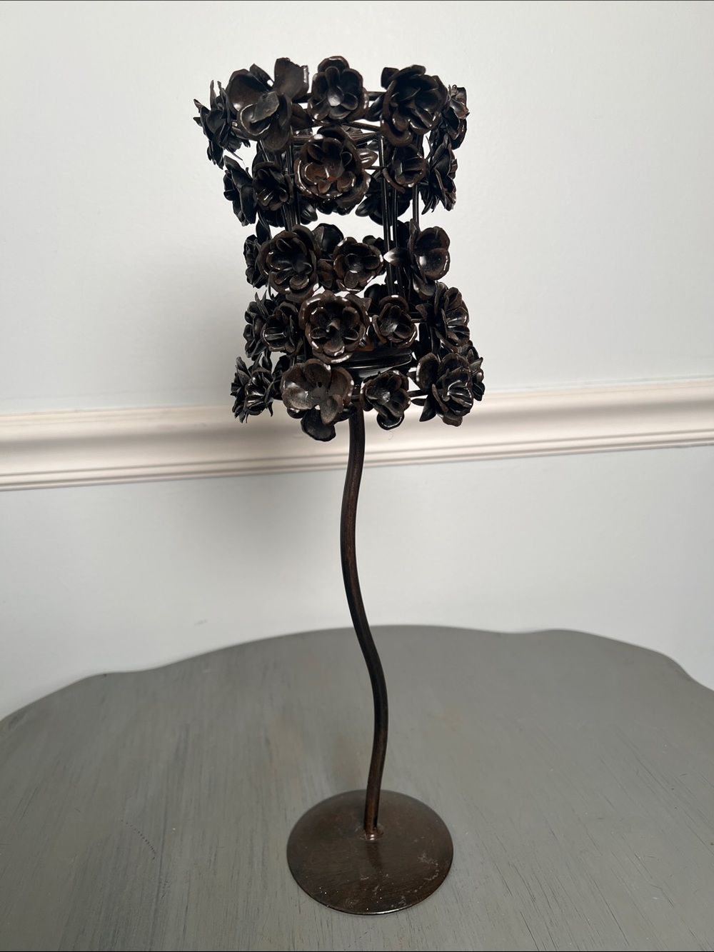 Vintage Metal Floral Candle Holder — Dark Bronze Flower Design. Removable shade